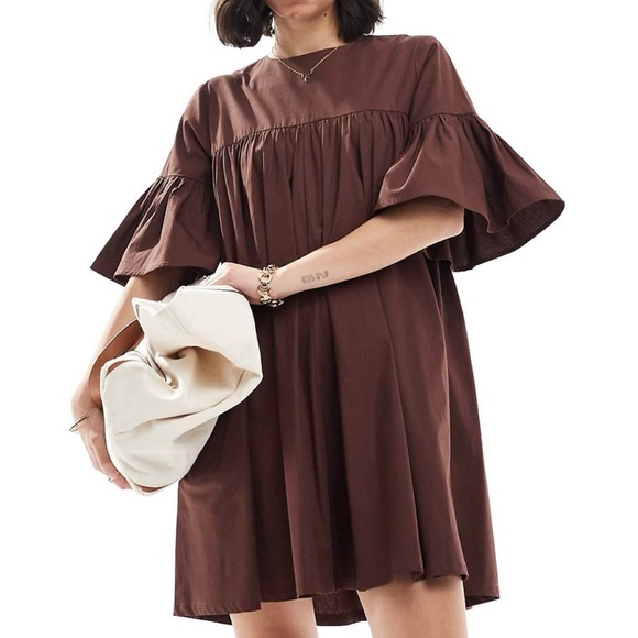 ASOS mini smock dress with oversized sleeves in Brown - Picture 1 of 11